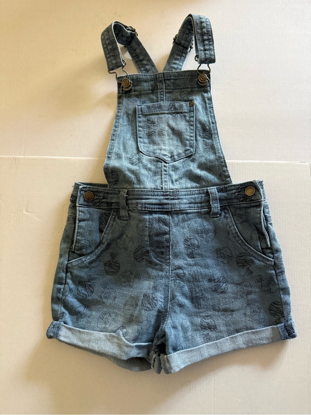 Light Denim Blue Short Overalls with Printed Detail